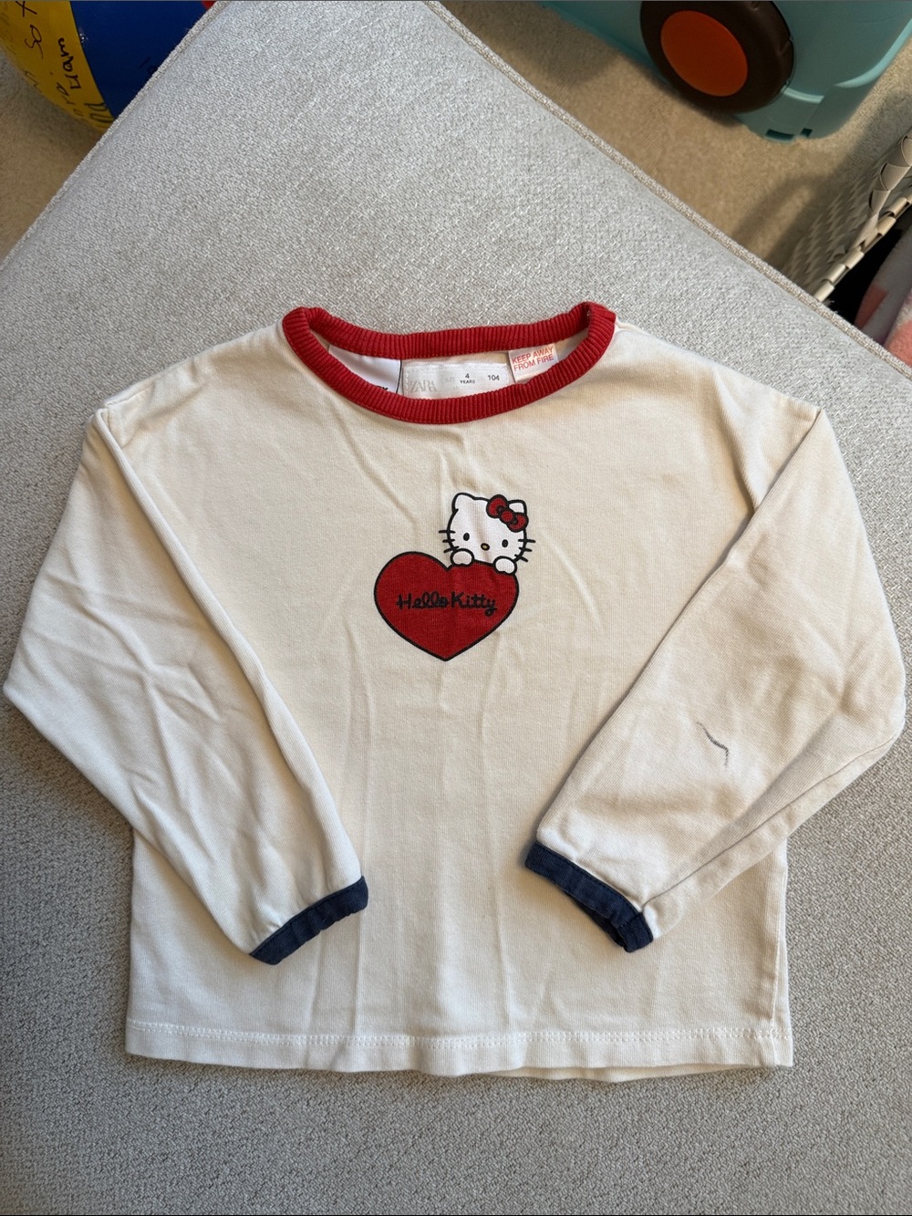 Zara Cream Long Sleeve Tee with Red Heart and Navy Trim